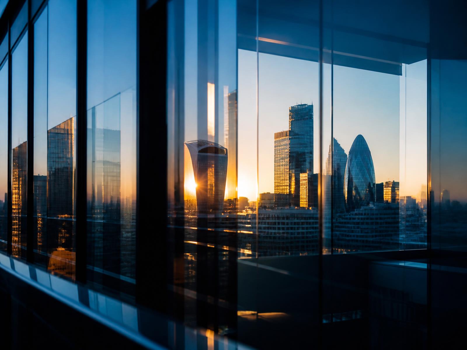 View of the City of London business district at golden hour